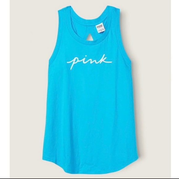 PINK VS Knit Racerback Perfect Tank Scuba Blue & White Logo Script NWT - Picture 4 of 6